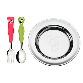 Kit Prato Redondo Inox Baby Friends e Jogo de Talheres 2 Peças Lirous Tramontina