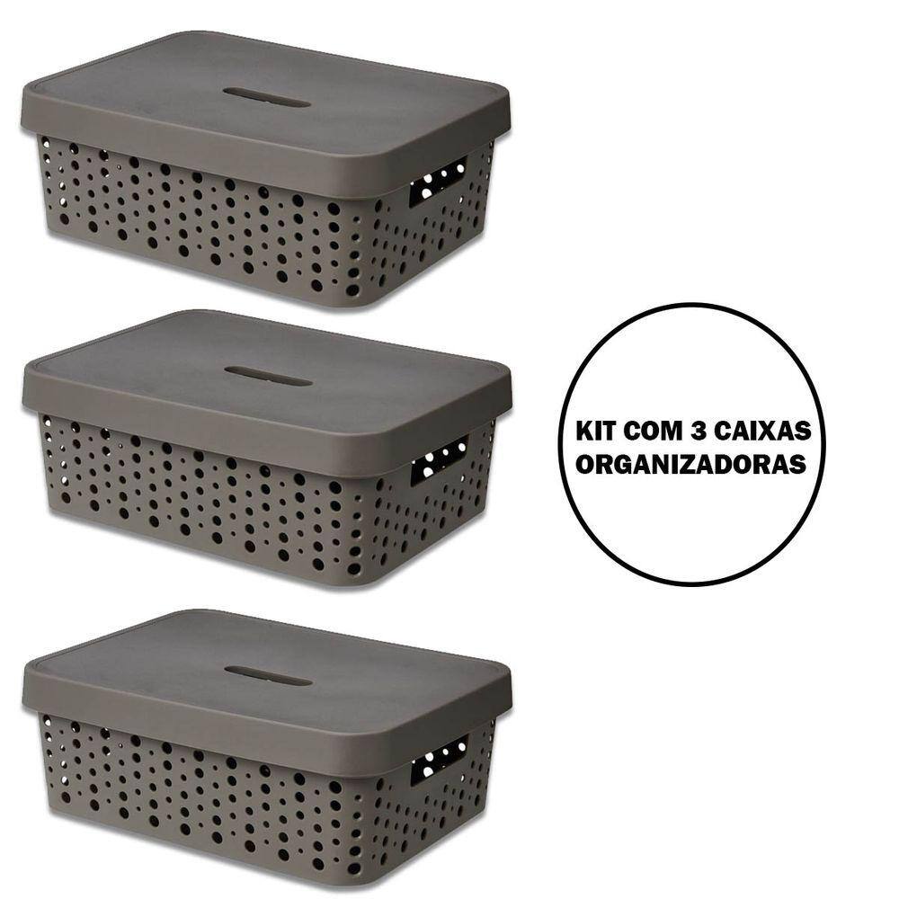 Kit Com 3 Caixas Organizadoras Multiuso Com Tampa 11L Marrom