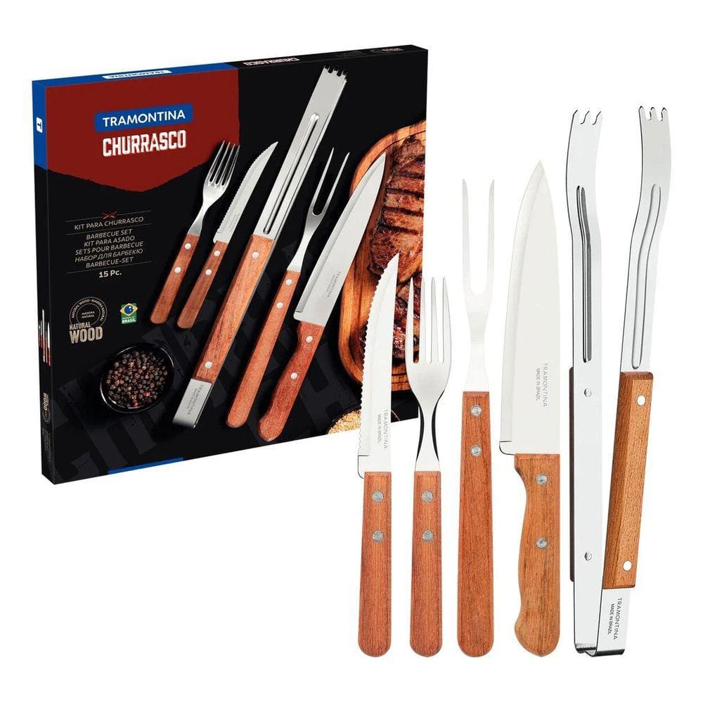 Kit Para Churrasco Tramontina 15 Pçs Aço Inox Cabo Madeira