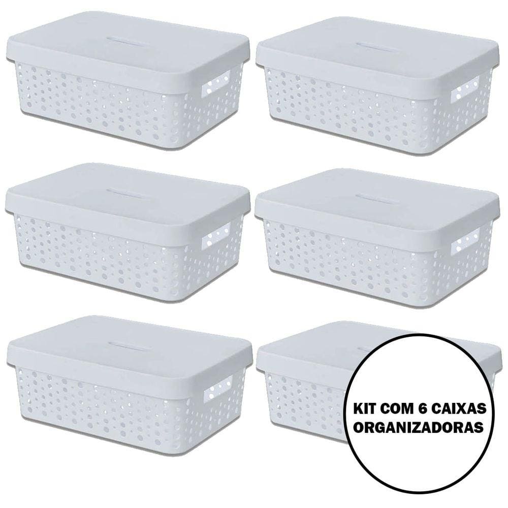Kit C/ 6 Caixas Organizadoras Multiuso C/ Tampa 11L Branco