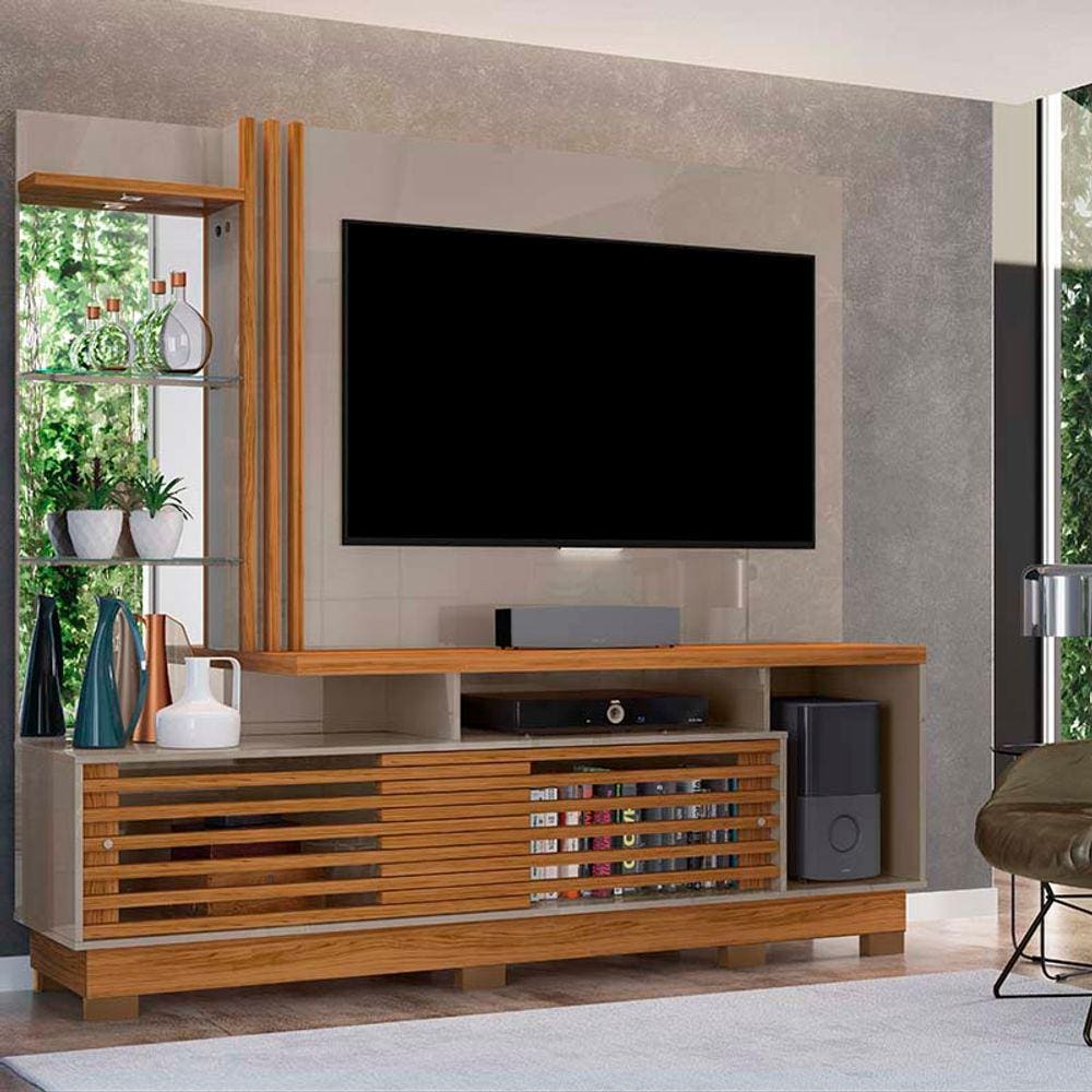Estante Home Theater Frizz Plus TV até 60 Polegadas Com Pés 2 Portas Cor Finde e Naturale - Madetec Móveis