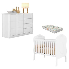 Berço Americano Realeza e Cômoda Infantil Blenda Branco Acetinado com Colchão Gazin - Phoenix Baby