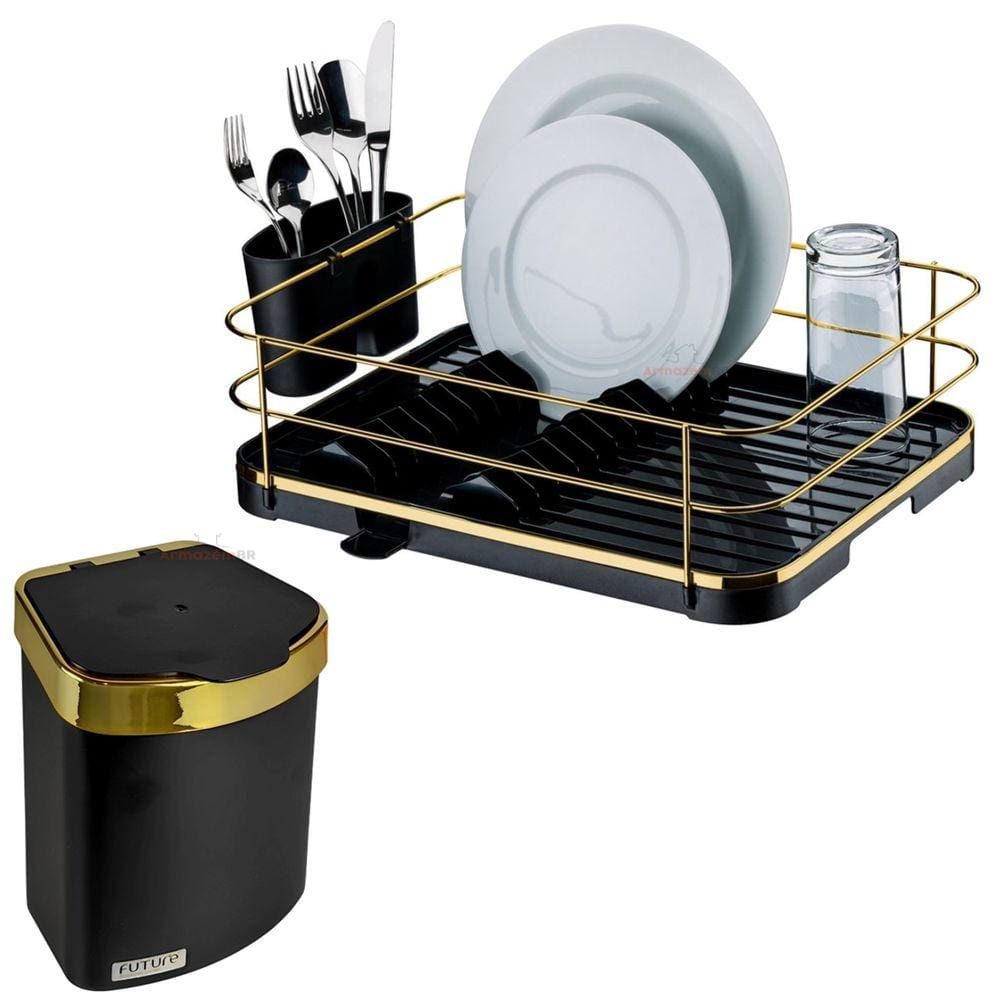 Kit Escorredor De Louças Lixeira 2,5L De Pia Cozinha Preto Dourado - Future