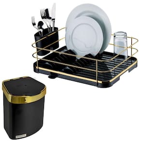 Kit Escorredor De Louças Lixeira 2,5L De Pia Cozinha Preto Dourado - Future