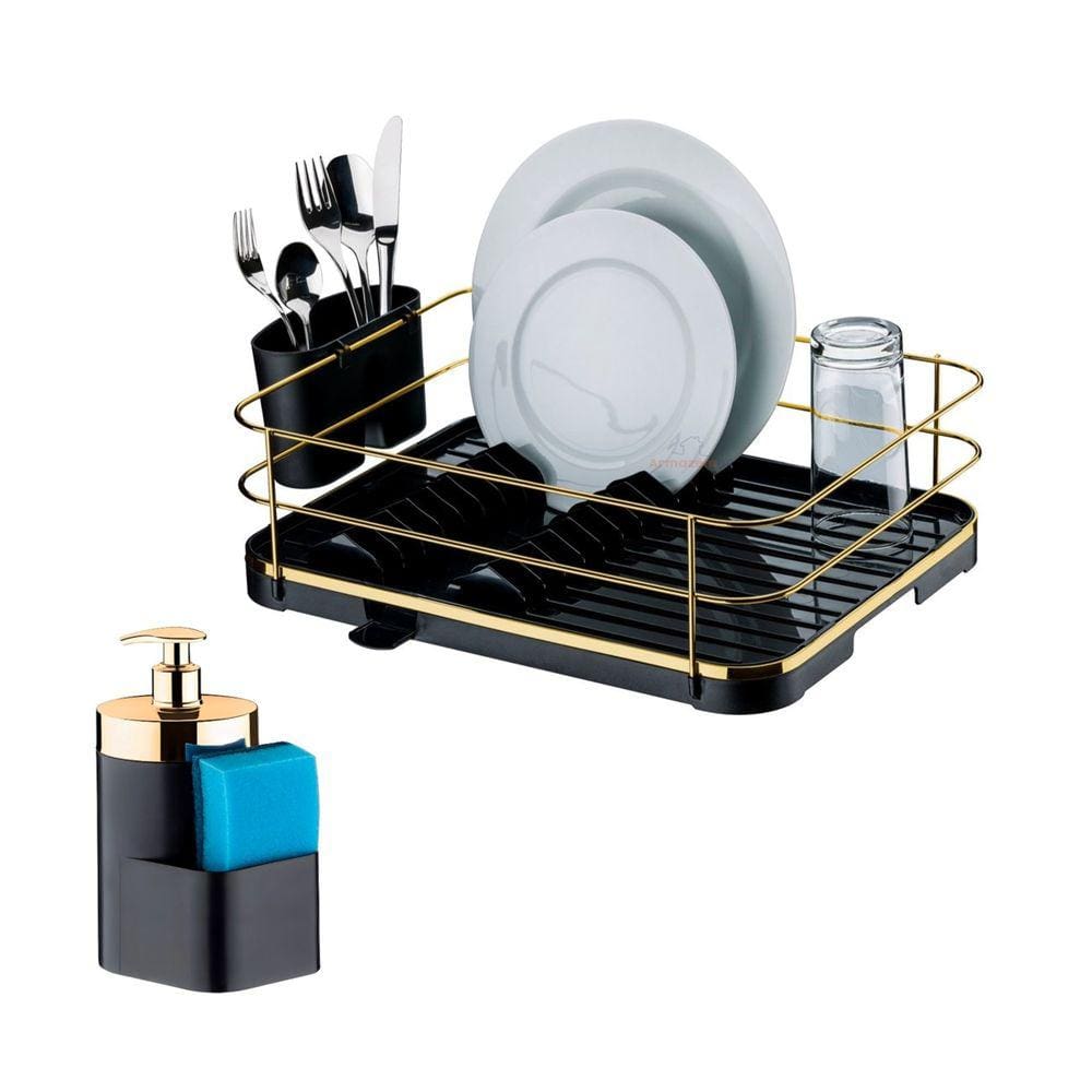 Kit Escorredor De Louças Dispenser Porta Detergente Líquido Esponja Pia Cozinha Preto Dourado - Future