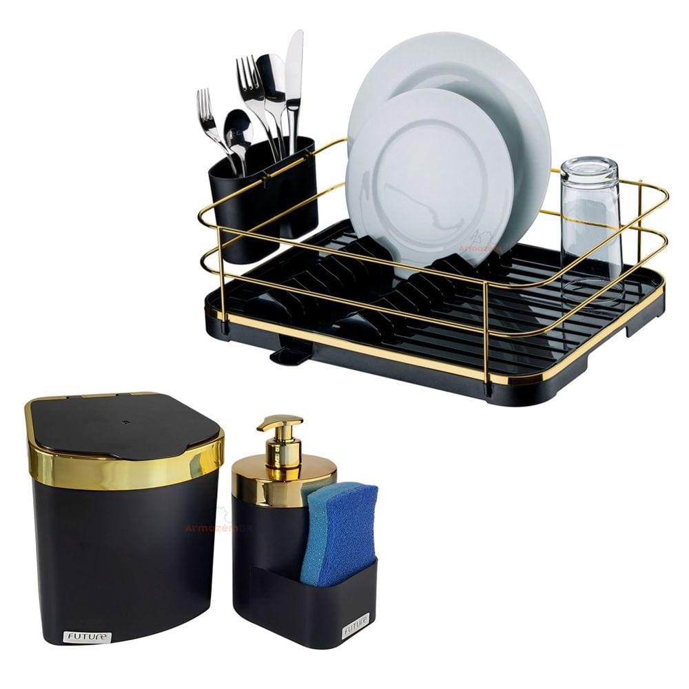 Kit Escorredor De Louça Talheres Lixeira 2,5L Dispenser Porta Detergente Cozinha Preto Dourado - Future