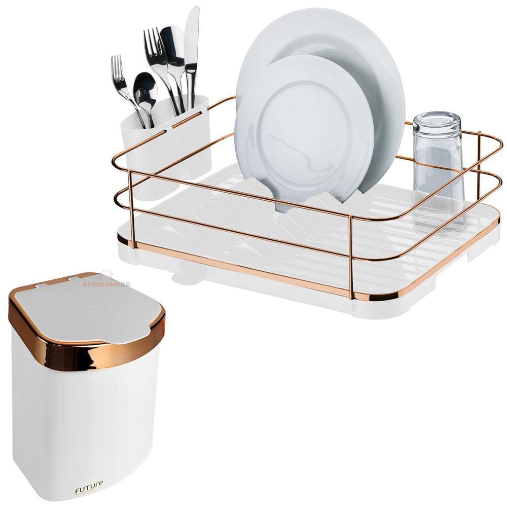 Kit Escorredor De Louças Lixeira 2,5L De Pia Cozinha Branco Rose Gold - Future