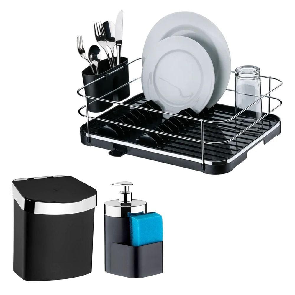 Kit Escorredor De Louça Talheres Lixeira 2,5L Dispenser Porta Detergente Cozinha Preto Cromado - Future