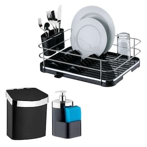 Kit Escorredor De Louça Talheres Lixeira 2,5L Dispenser Porta Detergente Cozinha Preto Cromado - Future