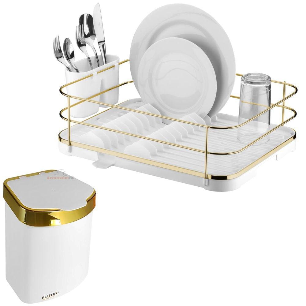 Kit Escorredor De Louças Lixeira 2,5L De Pia Cozinha Branco Dourado - Future