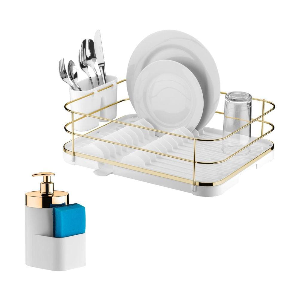 Kit Escorredor De Louças Dispenser Porta Detergente Líquido Esponja Pia Cozinha Branco Dourado - Future