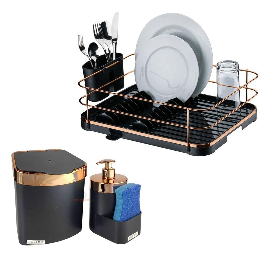 Kit Escorredor De Louça Talheres Lixeira 2,5L Dispenser Porta Detergente Cozinha Preto Rose Gold - Future