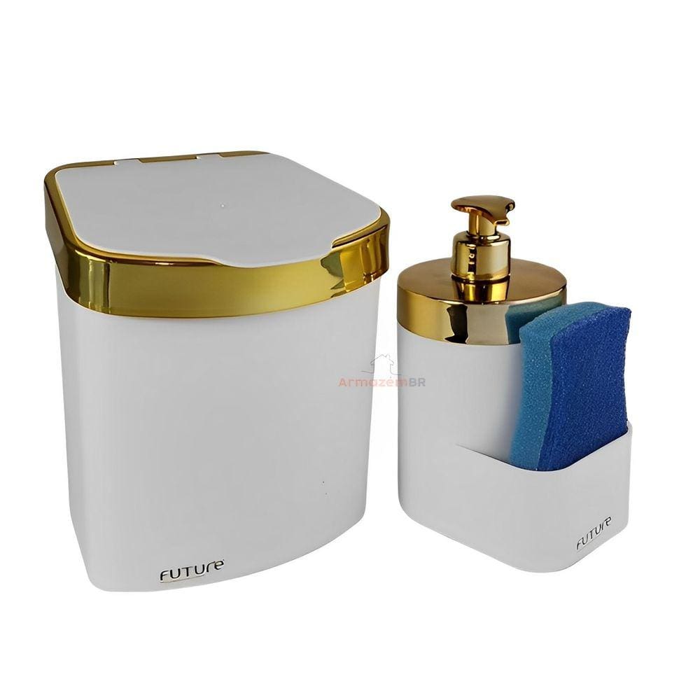 Kit Lixeira 2,5L Dispenser Porta Detergente Líquido Esponja Para Pia Cozinha Branco Dourado - Future
