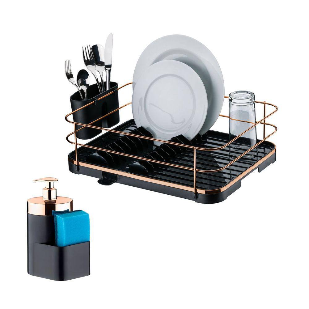 Kit Escorredor De Louças Dispenser Porta Detergente Líquido Esponja Pia Cozinha Preto Rose Gold - Future
