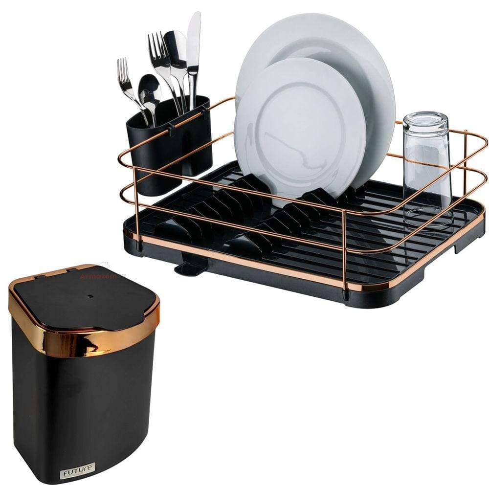 Kit Escorredor De Louças Lixeira 2,5L De Pia Cozinha Preto Rose Gold - Future