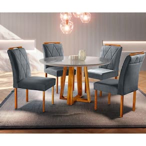 Conjunto Mesa de Jantar Redonda Cecília Amadeirada Natural 120cm com 4  Cadeiras Estofadas Isabela Cinza