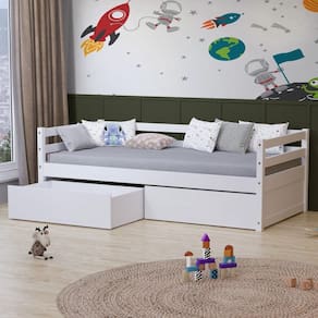 Cama Infantil Slim com 02 Gavetas Madeira Maciça Branco Housin