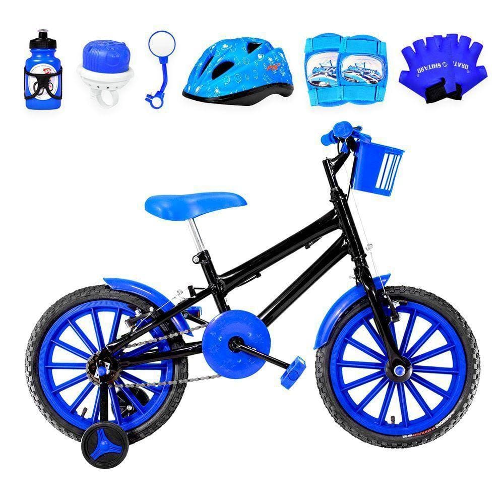 Bicicleta Infantil Aro 16 Nylon + Kit Proteção Preta e Azul