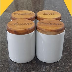 Kit 4 Potes 200ml p/ temperos - condimentos - Potes Porcelana Tampa Madeira Teca