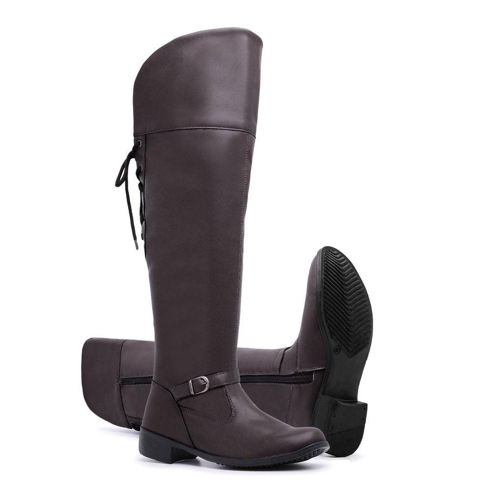 Bota Over Moda Chic Com Amarração e Fecho de Zíper Bico Redondo E Salto Grosso