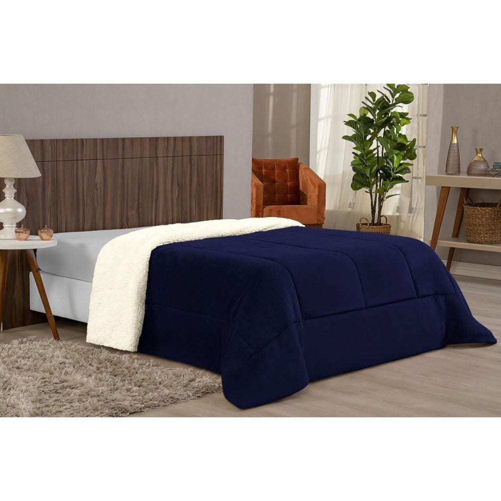 Edredom Coberdrom De Sherpa Com Manta Azul Casal Queen