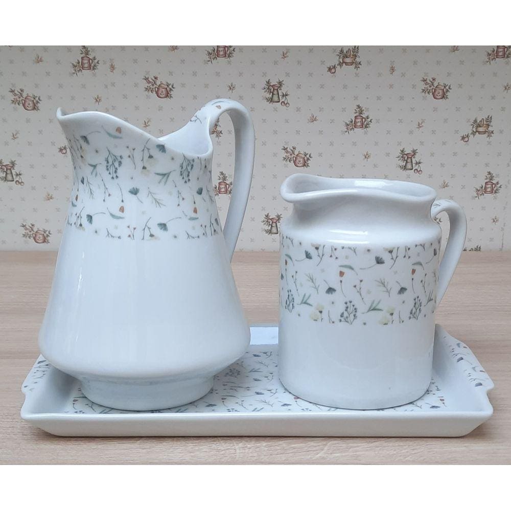 Jogo Café e Chá Mesa Posta, Bandeja + Jarra Leiteira 740ml + Jarra Suco 1,280ml - Kit Porcelana Decorada