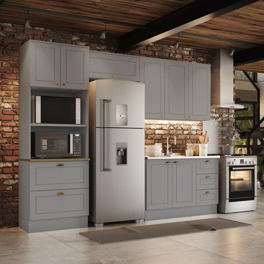 Cozinha Compacta 8 Portas 5 Gavetas Peças Emily Cinza/Marrom