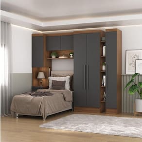 Guardo Roupa Modulado 6 Portas 4 Gavetas 4 Peças Hecol Móveis Nogal/Grafite