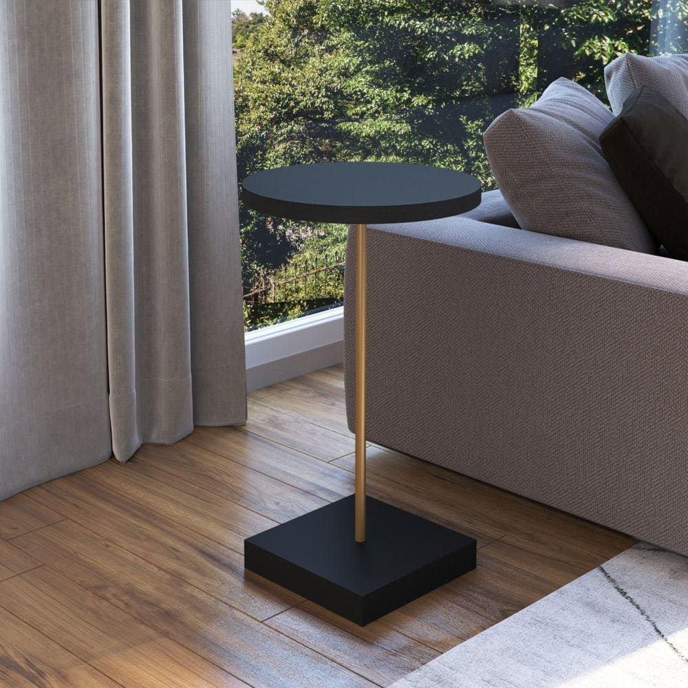 Mesa Lateral Redonda 35cm Nero/Dourado