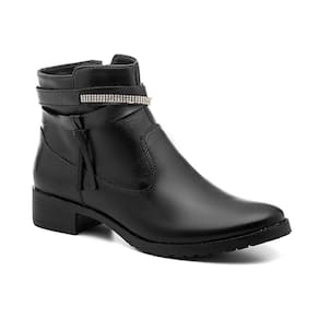 Bota Feminina Couro Cano Curto Strass Zíper Conforto Casual