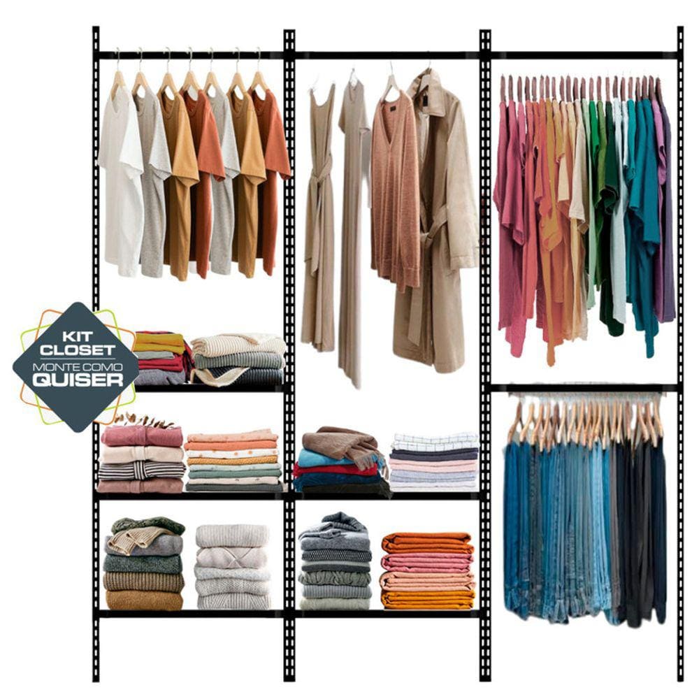 Aramado Closet Arara Roupas Prateleiras Trilho Parede 1,90m PT