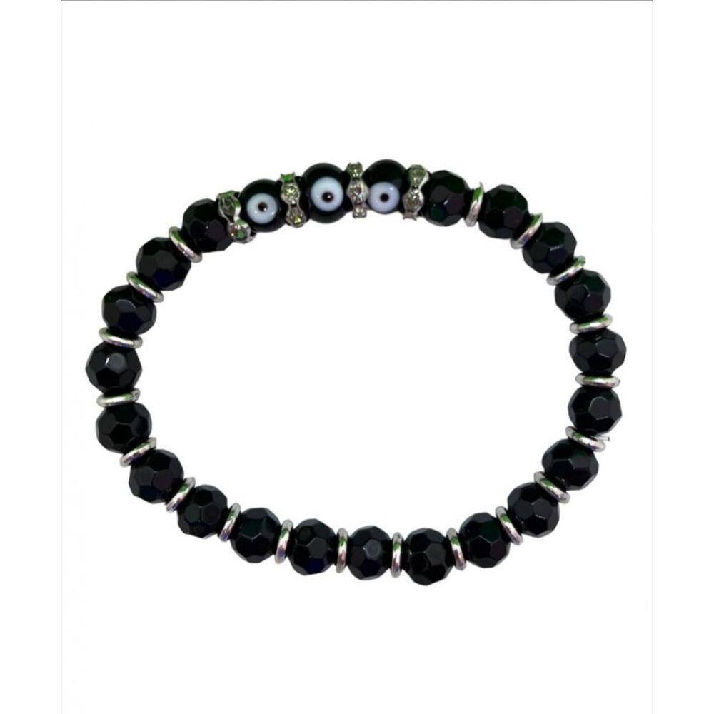 Pulseira 3 Olho Grego Preta Prateada Cristal e Silicone