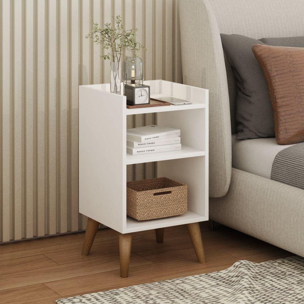 Mesa de Cabeceira Retrô com Pés Palito em Madeira Maciça Prateleiras e Borda Superior Branco