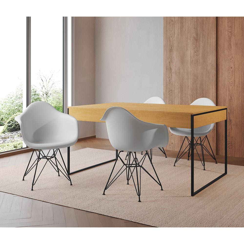 Mesa Jantar Industrial Filadélfia Canela 137x90cm com 4 Poltronas Eames Eiffel Brancas Base Ferro Pr