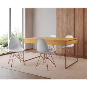 Mesa Jantar Industrial Retangular Filadélfia Canela 137x90cm com 4 Cadeiras Brancas Eames Base Cobre