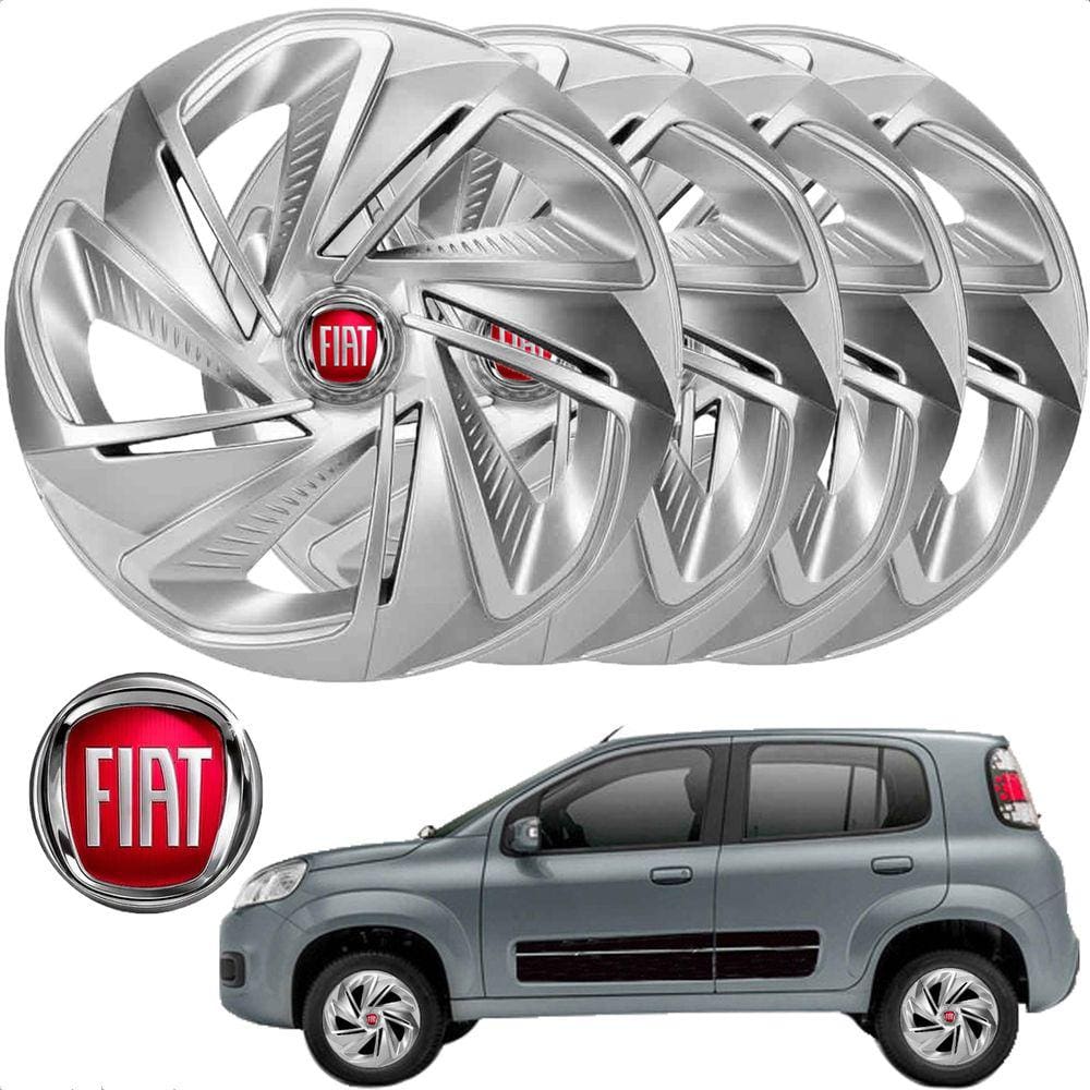 Jogo 04 calota Prata Fiat uno Mobi Strada Aro 13 Emblema incluso