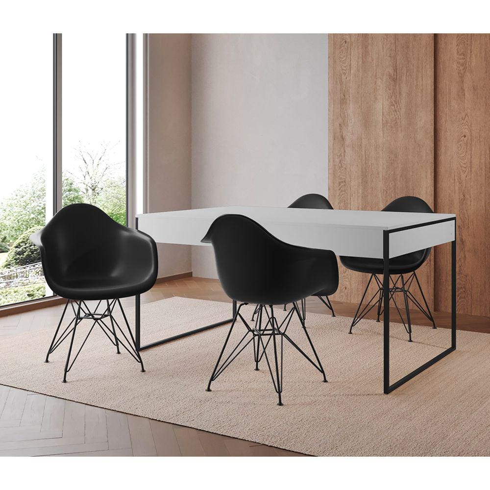 Mesa Jantar Industrial Filadélfia Branca 137x90cm com 4 Poltronas Eames Eiffel Pretas Base Ferro Pre