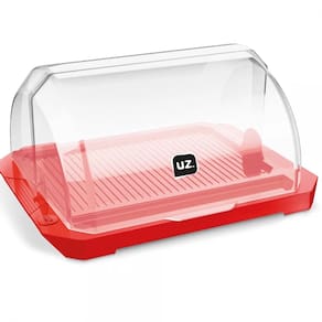 Porta Pão Acrílico Suporte Guarda Armazena Pães Com Tampa Transparente Retrátil Vermelho UZ Utilidades Cesto Pao Padaria Multiuso