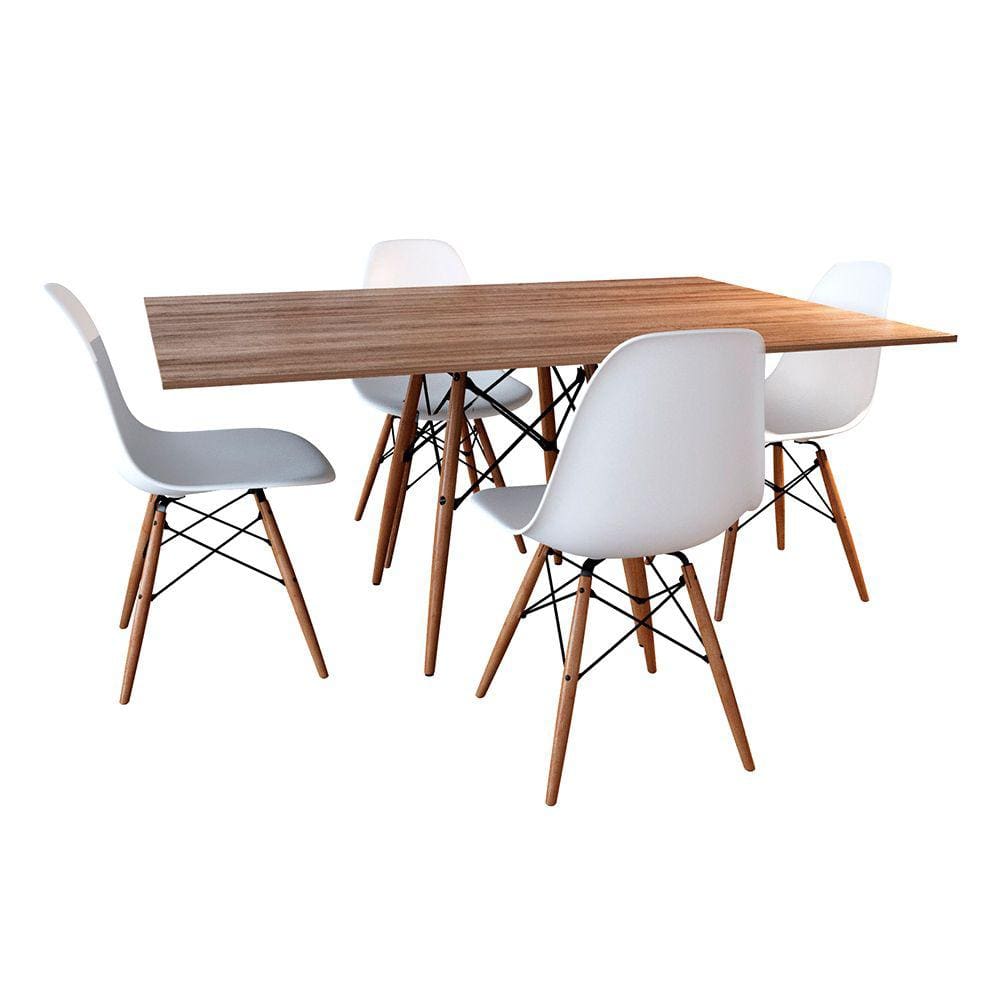 Conjunto de Mesa de Jantar Eames Eiffel Retangular 120x75 Tampo de Madeira Amêndoa com 4 Cadeiras Br