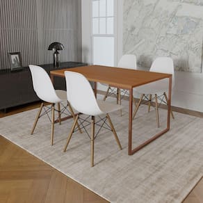 Mesa Industrial Base Ferro Cobre Tampo 137x90 Canela 4 Cadeiras Eames Madeira Assento Branco