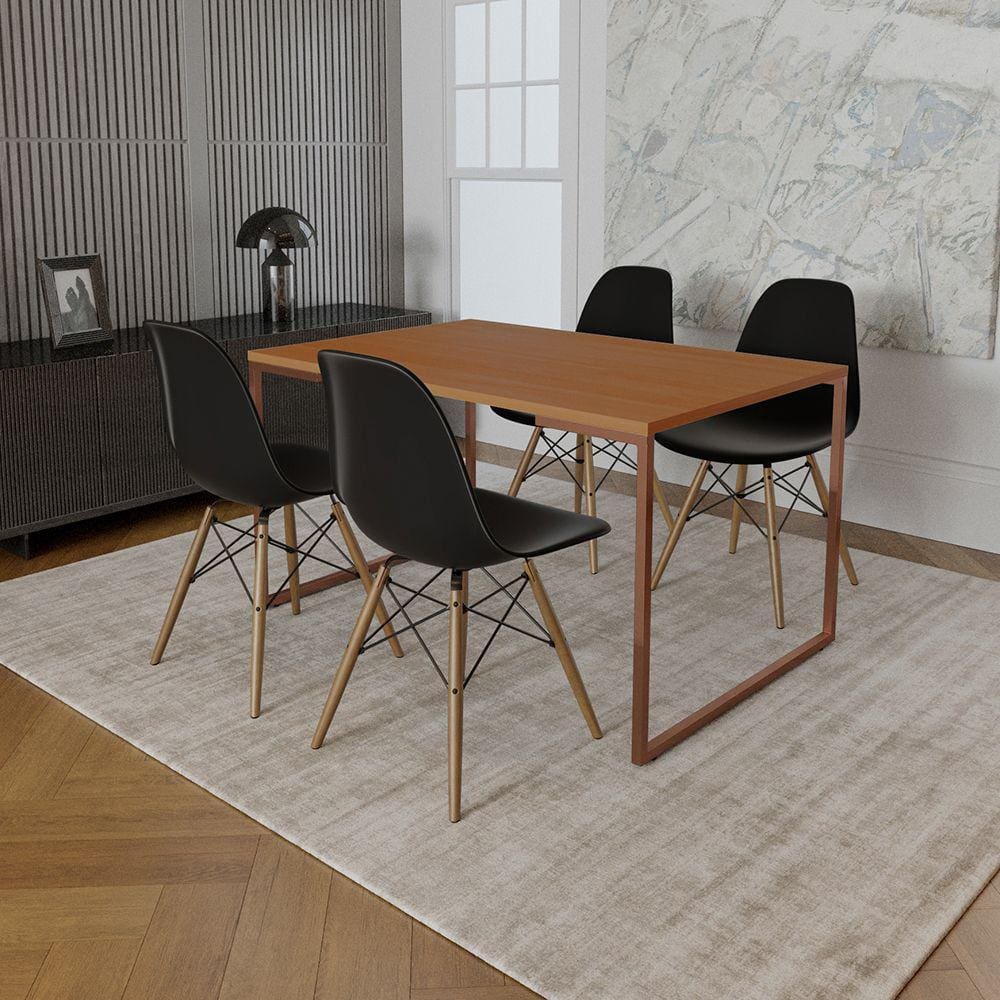 Mesa Industrial Base Ferro Cobre Tampo 137x90 Canela 4 Cadeiras Eames Madeira Assento Preto