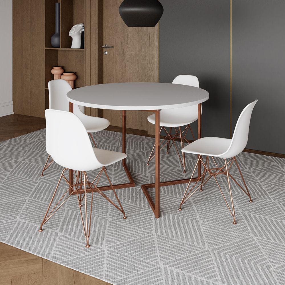 Mesa Industrial Jantar Redonda Branca 110cm Base V com 4 Cadeiras Eames Brancas Base Cobre