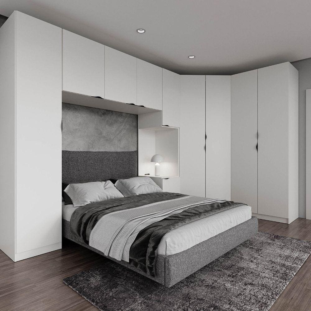 Guarda Roupa Modulado de Canto 10 Portas 5 Peças e 2 Mesas de Cabeceira Hera CabeCasa MadeiraMadeira Branco Geada