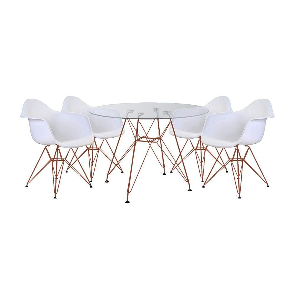 Conjunto Jantar Mesa Eames Eiffel Vidro Redonda 110cm com 4 Poltronas Brancas Ferro Cobre