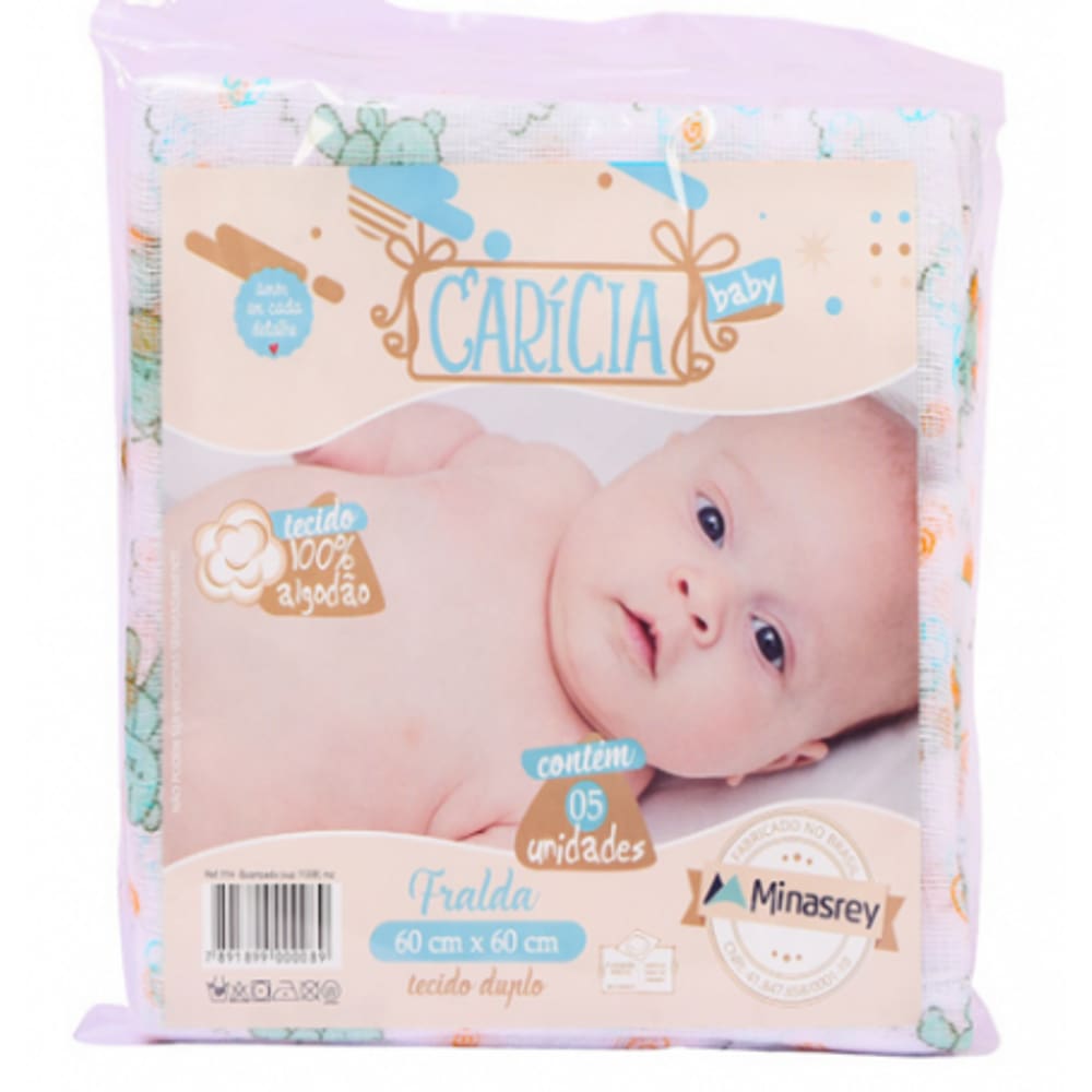 Fralda De Pano Carícia Baby C/05 Unidades Estampado Menino 100% Algodão 60 X 60