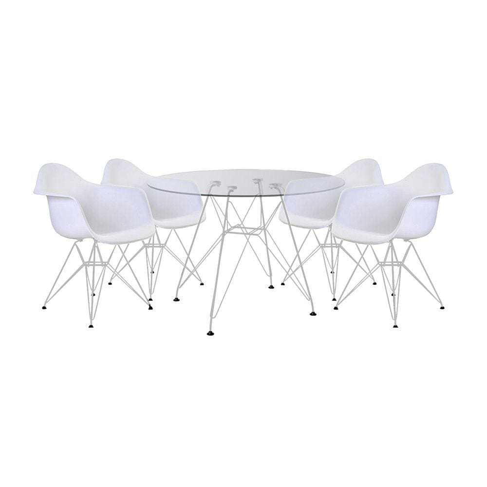 Mesa de Jantar Eames Eiffel Vidro Redonda 110cm com 4 Poltronas Brancas Ferro Branco