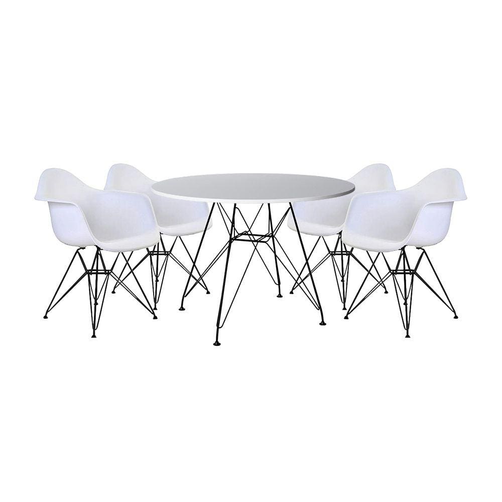 Mesa de Jantar Redonda Eames Eiffel 90cm Branca com 4 Poltronas Brancas Ferro Preto