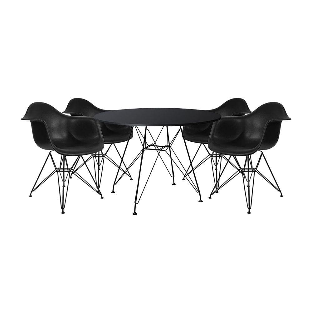 Mesa de Jantar Redonda Eames Eiffel 90cm Preta com 4 Poltronas Pretas Ferro Preto