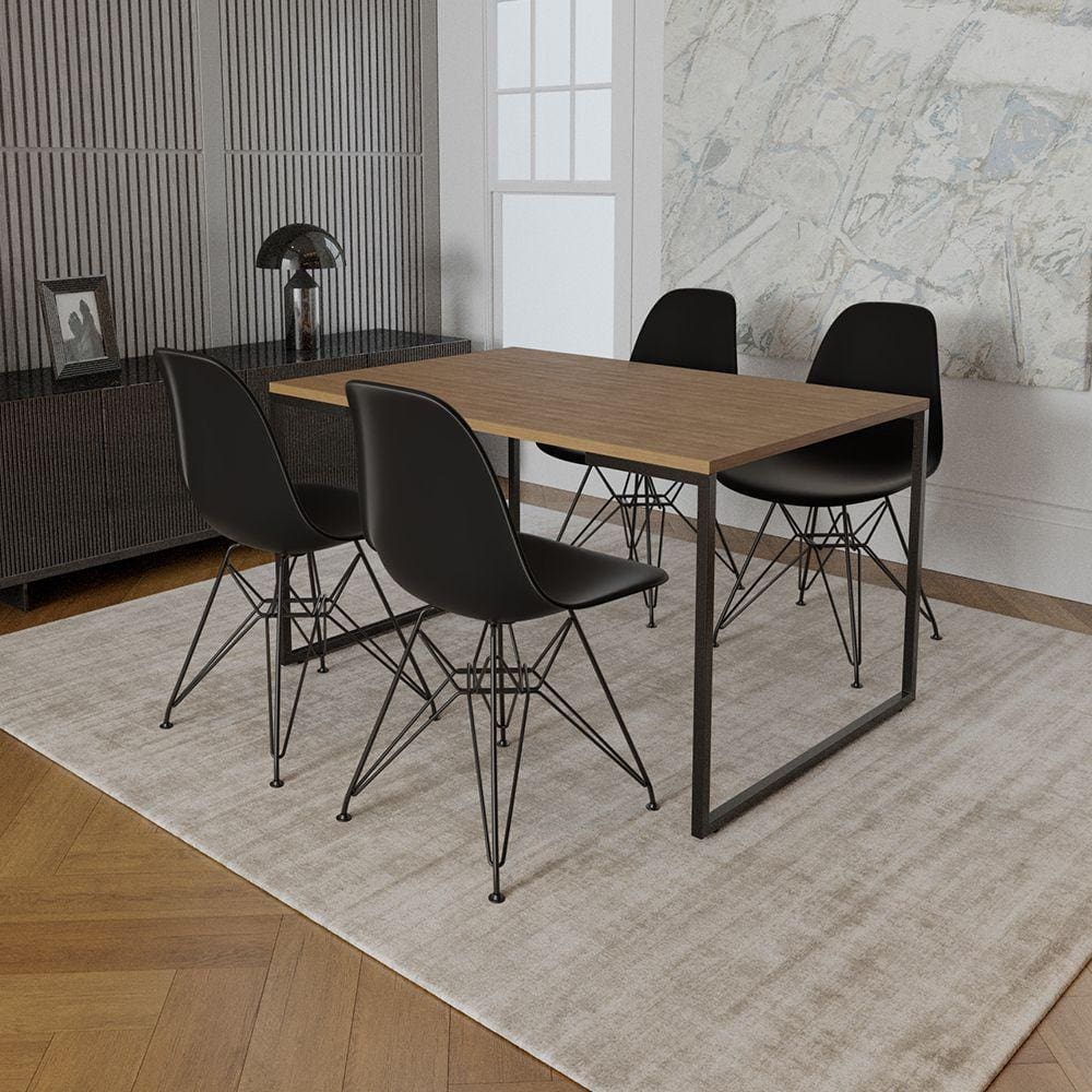 Mesa Industrial Base Ferro Preto 137x90 Tampo Amêndoa 4 Cadeiras Eiffel Ferro Preto Assento Preto