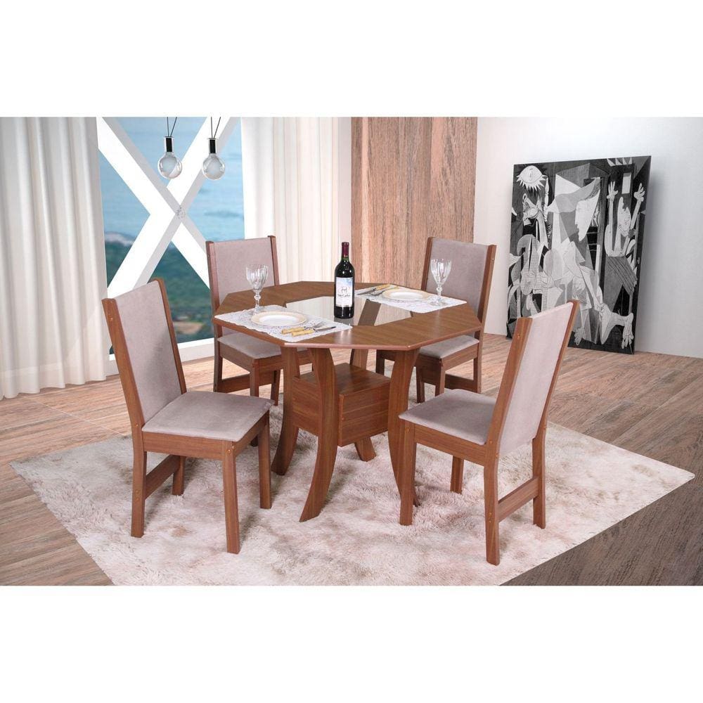 Conjunto Sala de Jantar Mesa Oitavada Munique com 4 Cadeiras Nobre Marromlle/Animale Camurça